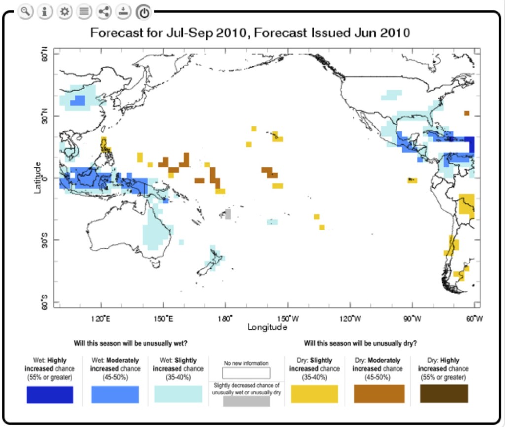 This June 2010 seasonal climate forecast generated by the IRI/IFRC Maproom  showed a greatly increased chance of dry conditions for some Pacific Island nations. National Red Cross societies used this information for  drought preparedness actions.
