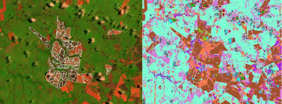  False color image scene (left) was captured from the Landsat 5 satellite in December 2009. An unsupervised classification technique was used to detect crop fields over the entire country of Uruguay. The image on the right is post-classification. Following classification, crop fields appear as shades of brown.