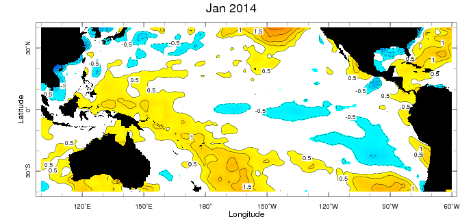 This map displays monthly departures from average sea- surface temperature for the Pacific Ocean in January 2014. Yellow to red colors on the map indicate areas where sea-surface temperatures were above the January average, and blue shades indicate where they were  below normal. Shading starts at +/- 0.5°C. The pattern for  January 2014 indicates an ENSO state on the border of neutral and La Niña conditions. More in our map room.  