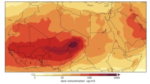 Estimated dust concentration averaged from October through December over the period 1985-2006 in micrograms of dust per cubic meter. Maximum values over the Bodélé Depression in Chad extend towards southern Niger. Credit: Carlos Pérez García-Pando