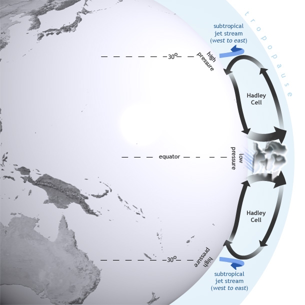 El Niño influences global atmospheric circulation by intensifying the Hadley circulation, in which heat is transferred from the Earth's surface to the upper atmosphere through convection and latent heating. Map by NOAA Climate.gov.