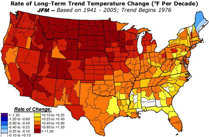 Figure 1. Temperature trend for the January-March season (degrees C per 10 years) between 1976 and 2005.  Image Credit:  NOAA Climate Prediction Center.
