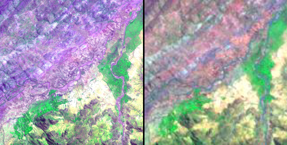 False color composites emphasize vegetation in bright green hues. Very high resolution image (left) from the GeoEye-1 commercial satellite and moderate resolution image (right) from NASA satellite Landsat TM were taken of Adi Ha village, Tigray, Ethiopia.