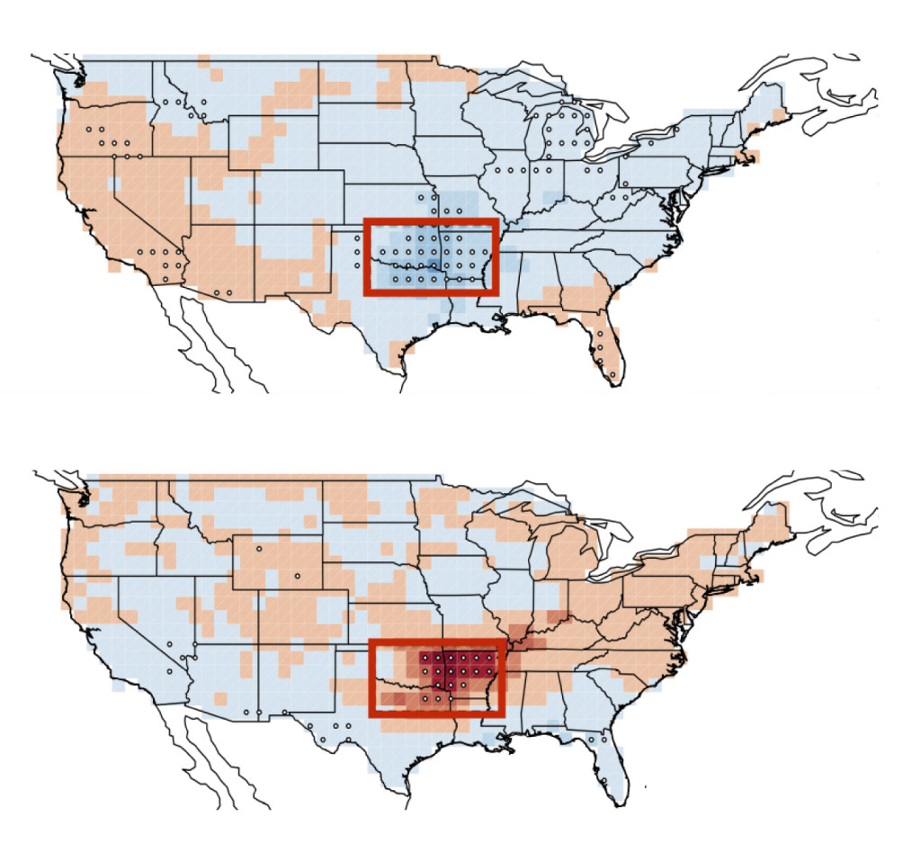 When ENSO is in a hot, or El Niño, phase (top), the frequency of tornadoes goes down. When it is in a cold, or La Niña phase, tornadoes increase. The effect is strongest in the boxed area. (Allen et al., Nature Geoscience, 2015)