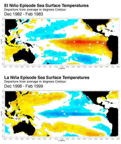 Figure 2: Sea-surface temperature anomalies during a strong El Niño event (top) and La Niña event (bottom). Click image to enlarge. Source: http://iridl.ldeo.columbia.edu/maproom/ENSO/Diagnostics.html#tabs-2