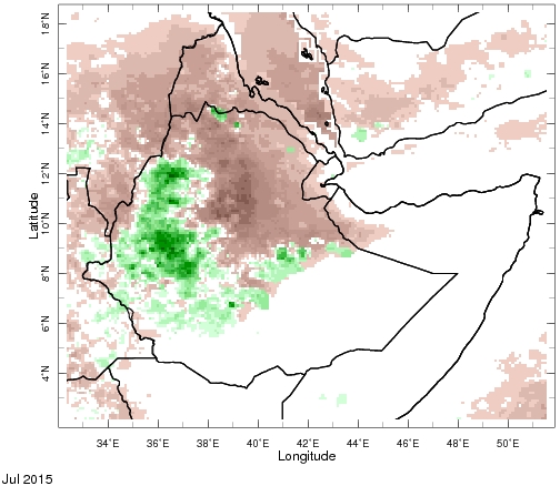 Map shows the extreme rainfall deficits (brown areas) in northern Ethiopia in July 2015, highlighting the early-season drought there. 