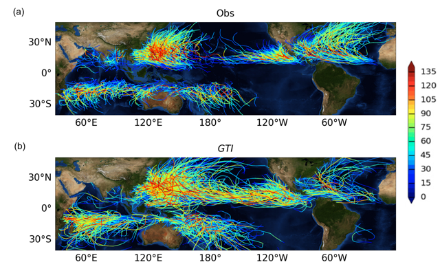 The top map shows historical tropical-cyclone tracks from 2000 to 2012. The bottom maps shows tracks for this same time period, simulated by the new model. Colors indicate storm intensity, red being the highest and blue the lowest.