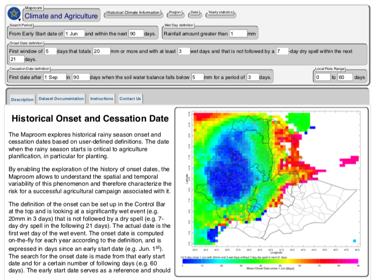 The image is a screenshot from the Ethiopia PICSA maproom, with the Ethiopian blue star in the upper left corner and the text "Climate and Agriculture" and the search window from 1 June and within the next 90 days. The map of Ethiopia on the right side of the image shows the mean onset of the rainy season from June 1 with bluer colors indicating sooner and redder indicating later. There is a concentration of dark blue on the Northwest quarter of Ethiopia and demonstrating a shift towards red in the East, while the Southern parts of the country do not have color.