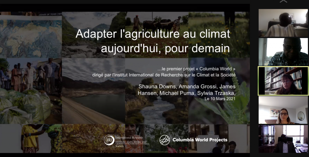 A screenshot from the March training in which ACToday’s Sylwia Trzaska introduces the project to participants. The title of the presentation on the slide is in French. The English translation is "Adapting Agriculture to Climate Today, for Tomorrow." To the right of the slide are the still video captures of Sylwia Trzaska, Shauna Downs, and a few participants of the webinar.