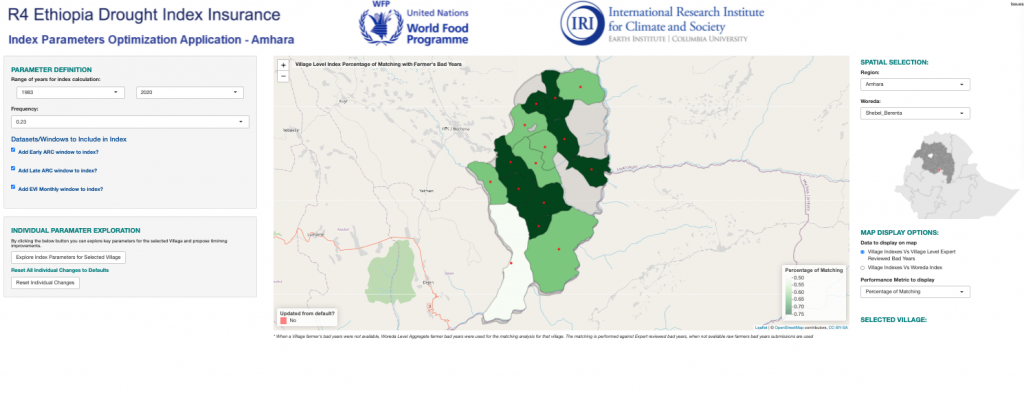 The screenshot shows the R4 Ethiopia Drought Index Insurance maproom interface, which is topped by logos of the World Food Programme and the International Research Insitute for Climate and Society. The active map in the interface is of the Amhara region of Ethiopia, showing different parts of the region highlighted in different shades of green based on the accuracy of the matches between satellite data, farmer experiences and payouts.