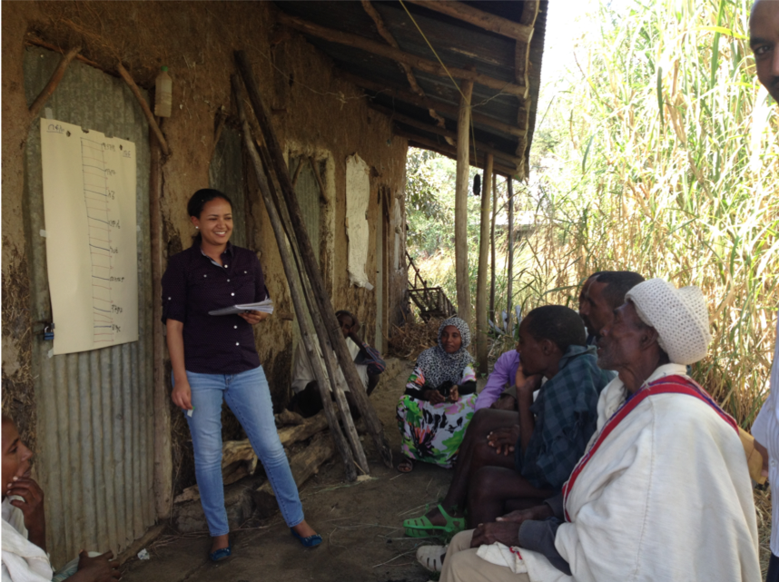 A photo of Rahel Diro standing before a group of Ethiopian farmers in the shade of a house in a village in Amhara with a large sheet of white easel paper taped to the wall.