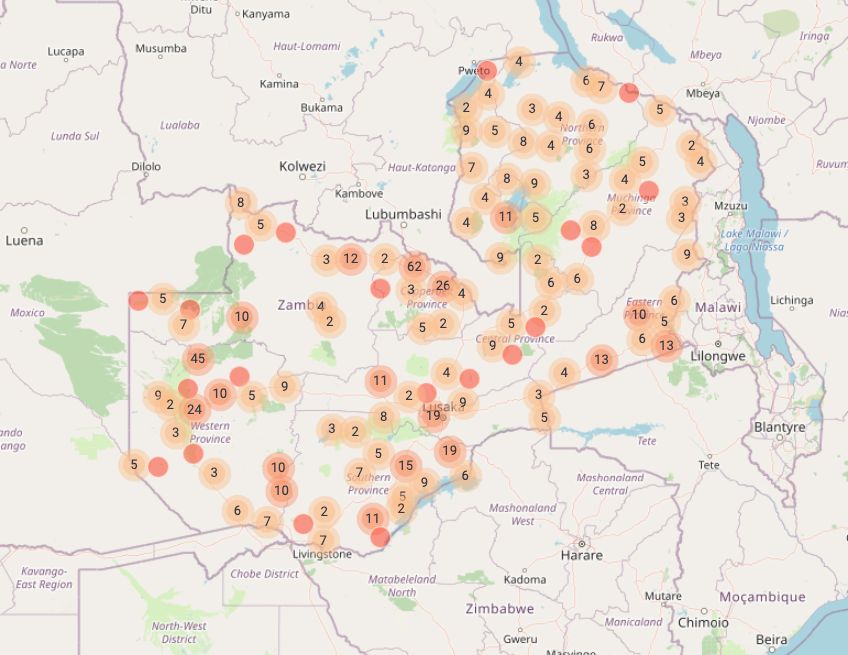 This map of Zambia shows where village surveys have already taken place. Orange, numbered dots showing the number of villages in each area where surveys have taken place are pretty evenly spaced across the country map.