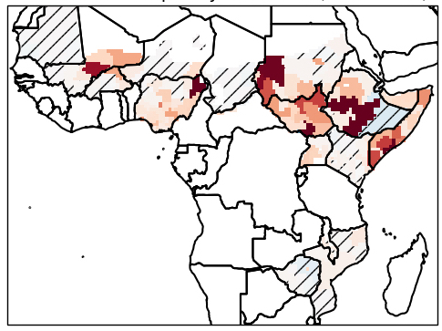 This map of the central African continent shows the frequency of violent conflicts 2009-2018 in 14 African countries studied. Dark patches of red, indicating high conflict, are present in Somalia, Sudan, South Sudan, Ethiopia, Nigeria, and Mali.